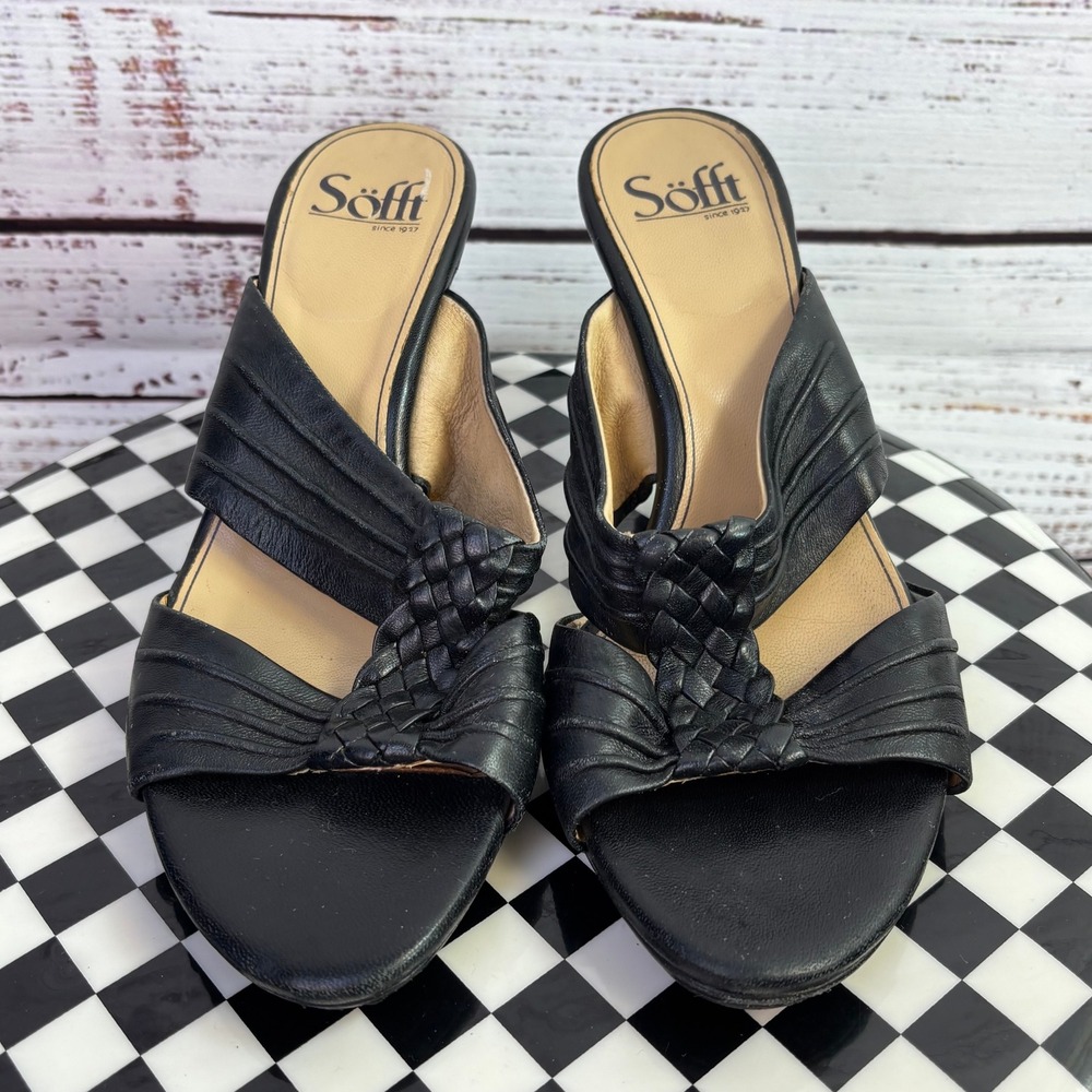 Sofft Mule Sandals 8M Black Leather Braided Minimalist Strappy Pump Classic